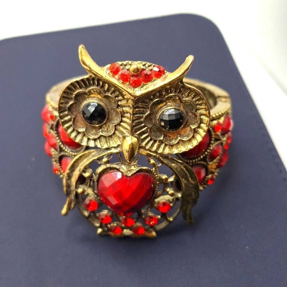 Vintage owl bracelet cuff bangle bronze read stone statement jewelry